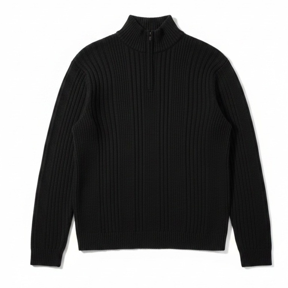 Alex Stevens Black Ribbed 100% Cotton Quarter Zip, Mock Neck Sweater Men's Large